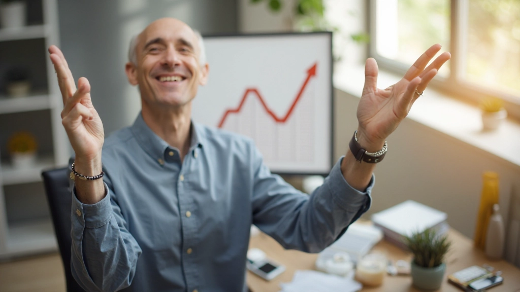 Человек, празднующий достижение вехи с видимым трекером прогресса